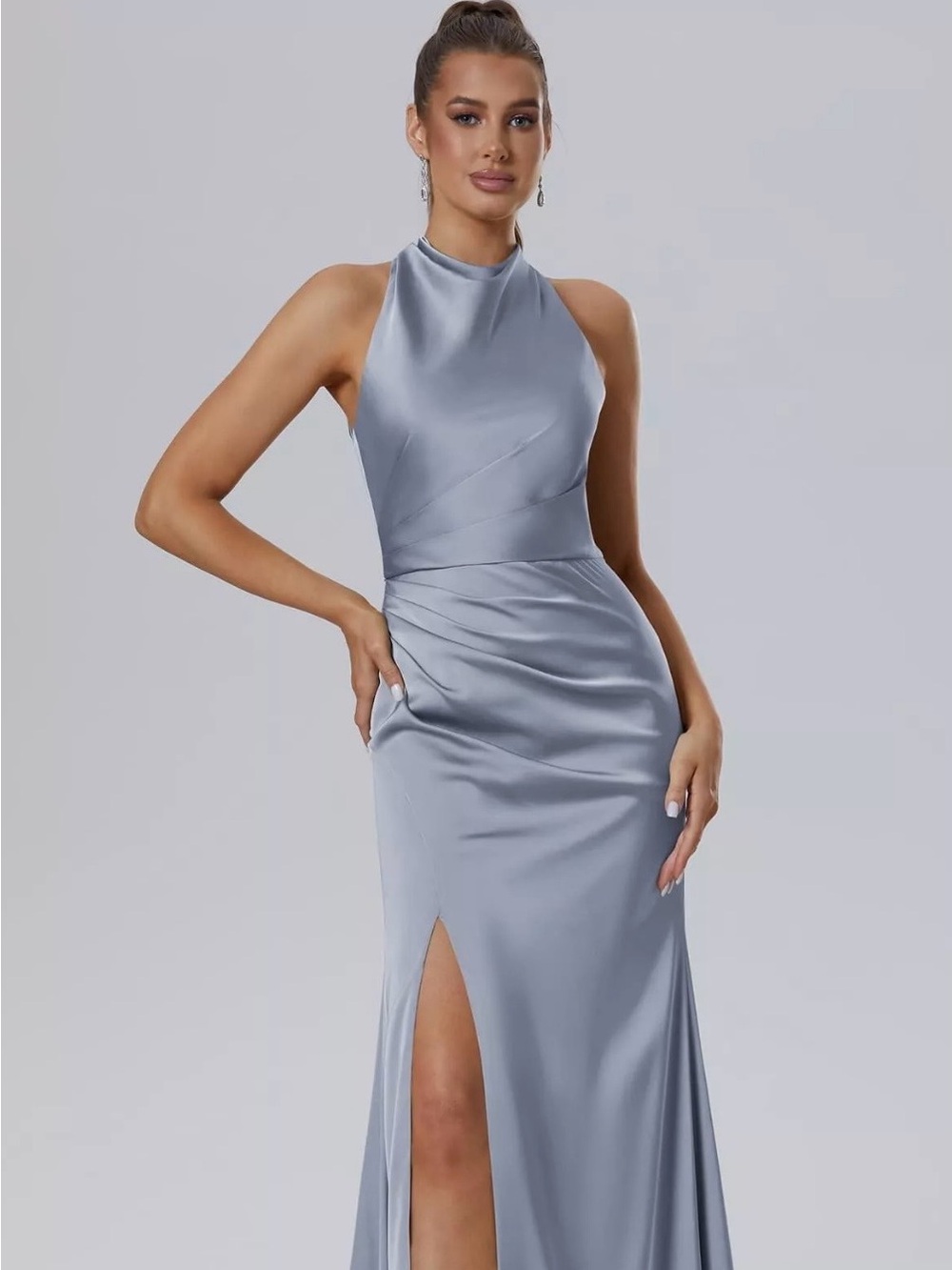 Satin Light Gray Evening Gown with High Thigh Slit